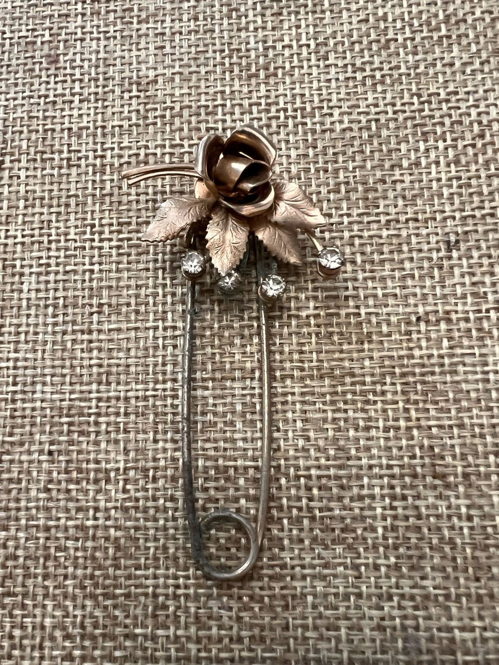 Vintage Gold-Tone Rose Safety Pin Brooch with Crystal Accents